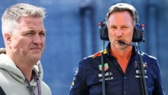 Ralf Schumacher hegt den Verdacht, Max Verstappen will in der Fahrer-WM nach unten rutschen. Ein völliger Blödsinn, so Christian Horner (r.). (Bild: GEPA)